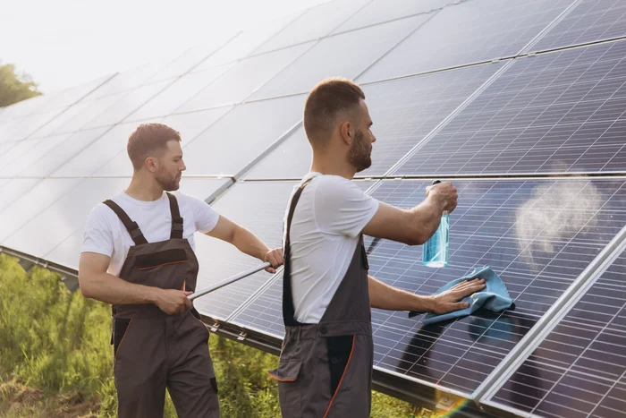 labor-working-on-cleaning-solar-panel-at-solar-pow