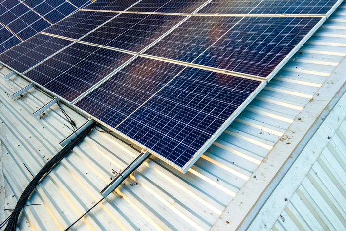 Aerial view of photovoltaic panel surface of solar system