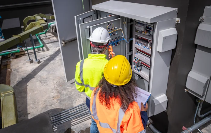 Engineer in safety uniform checking distribution box