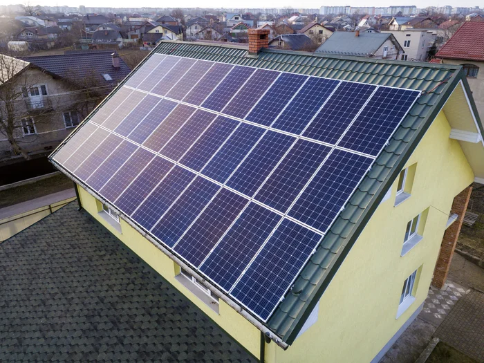 Solar system on the roof of a modern residential building